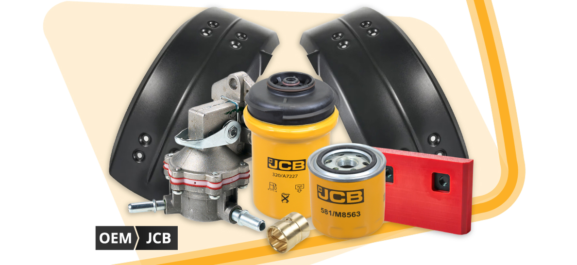 Exposición de la gama de recambios originales para manipuladores telescópicos JCB, que incluye filtros, piezas para cargadoras y componentes de dirección, lo que refleja la amplia oferta de recambios originales para manipuladores telescópicos JCB disponible en Sparex.